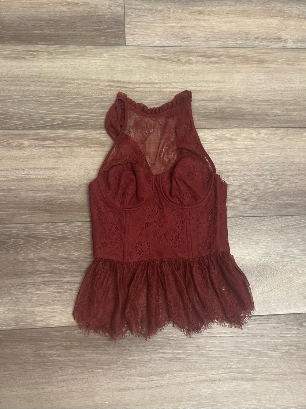 Zara Lace Halter Bustier Top in Burgundy
